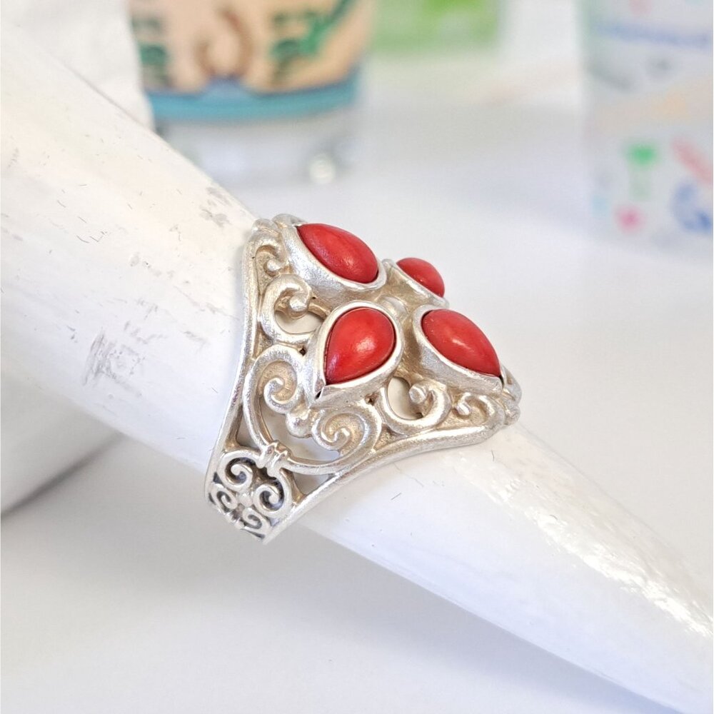 Vintage Coral Cluster Southwestern Filigree Sterling Ring by Artist Carolyn Poll - Picture 12 of 15
